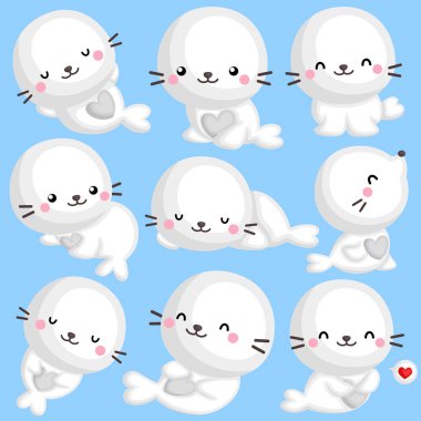 Birçok farklı Poses ve Ifade ile sevimli küçük Seal bir vektör seti 