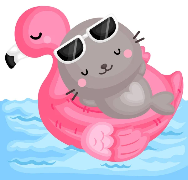 Vector Cute Little Seal Relaxing Top Pink Flamingo Float Pool — Stockvector