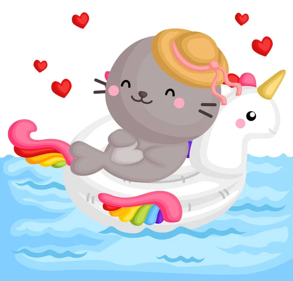 Vector Cute Little Seal Duduk Atas Unicorn Float Pool - Stok Vektor
