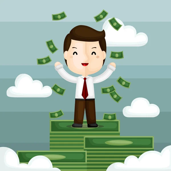 Vector Happy Businessman Surrounding Money Standing Stacks Money — Stock Vector