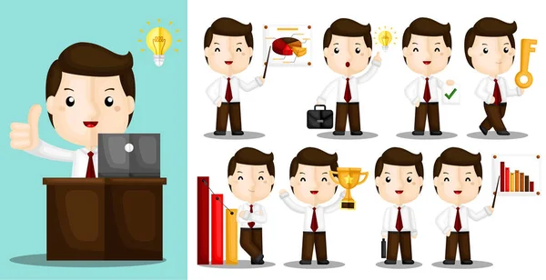 Vector Set Cute Businessman Working Hard Workplace — Stock Vector