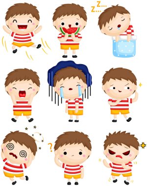 Sevimli Küçük Çocuk Bir Vektör Seti Onun Yüzleri ile Birçok Duygular İfade