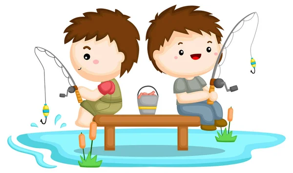 Two Brothers Fishing Together Lake — Stock Vector