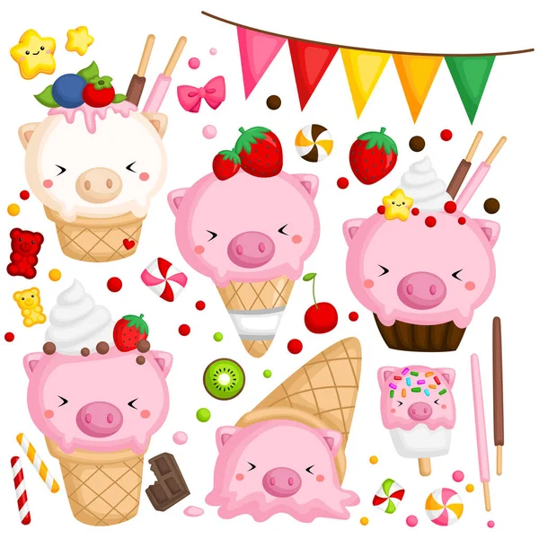 Vecteur Nombreuses Glaces Avec Cochon Mignon Sur Dessus — Image vectorielle