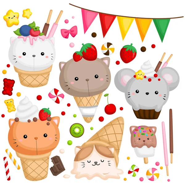 上にかわいい猫と多くのアイスクリームのベクトル — ストックベクタ