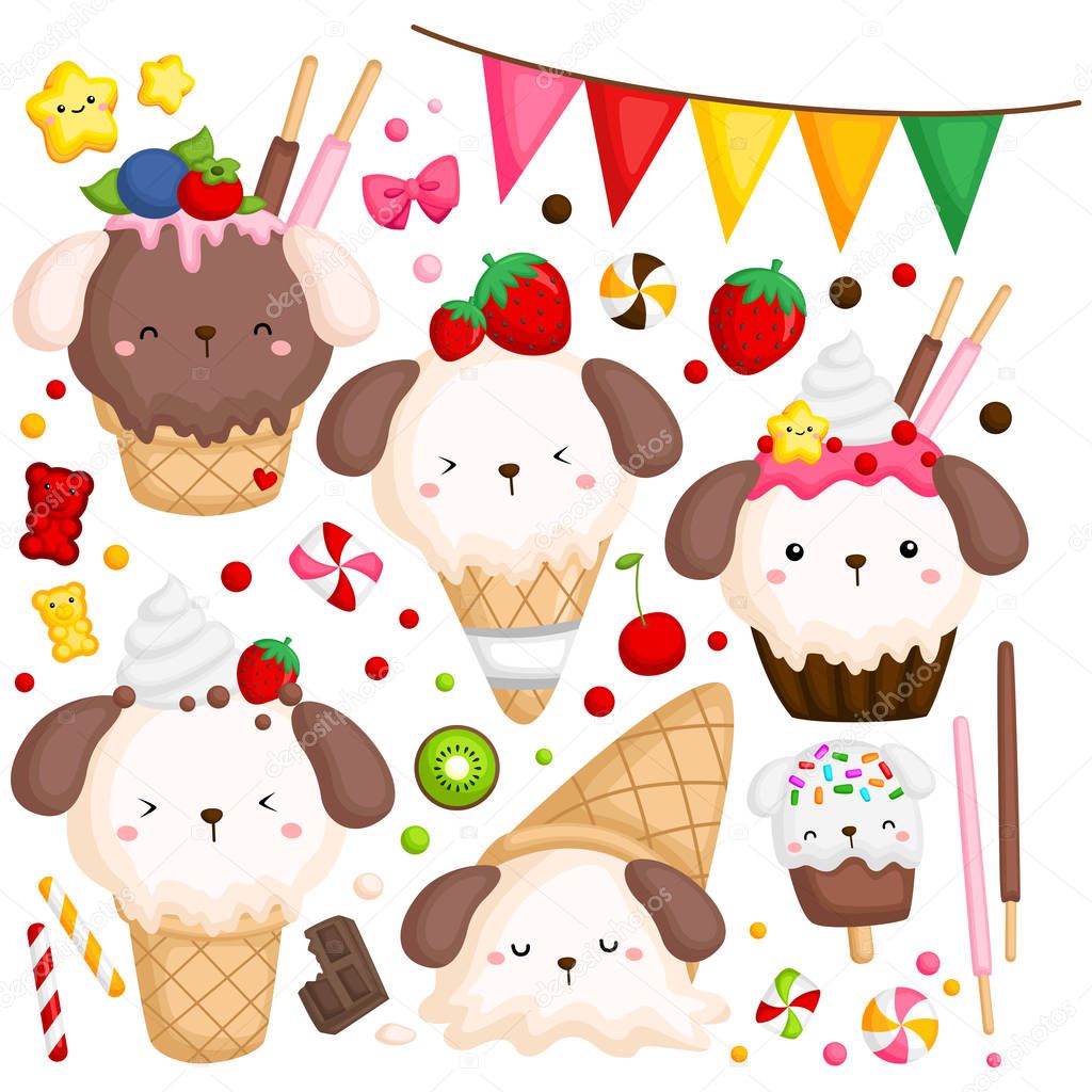 a vector of many ice cream with cute dog on top