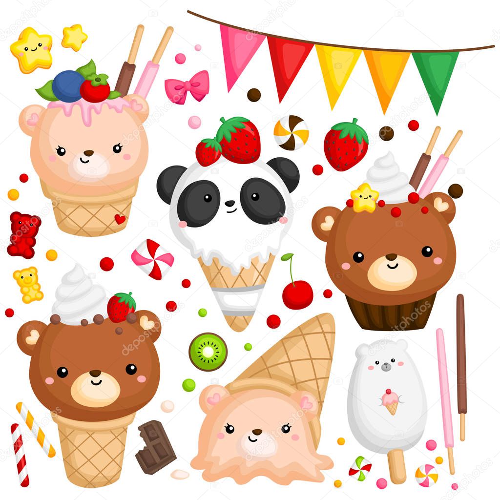 a vector of many ice cream with cute bear on top