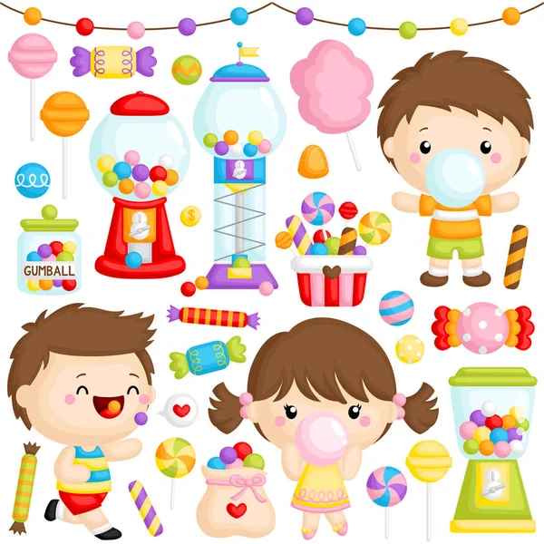 一套可爱的女孩和男孩咀嚼泡泡糖与大量的泡泡糖机的矢量集 — 图库矢量图片