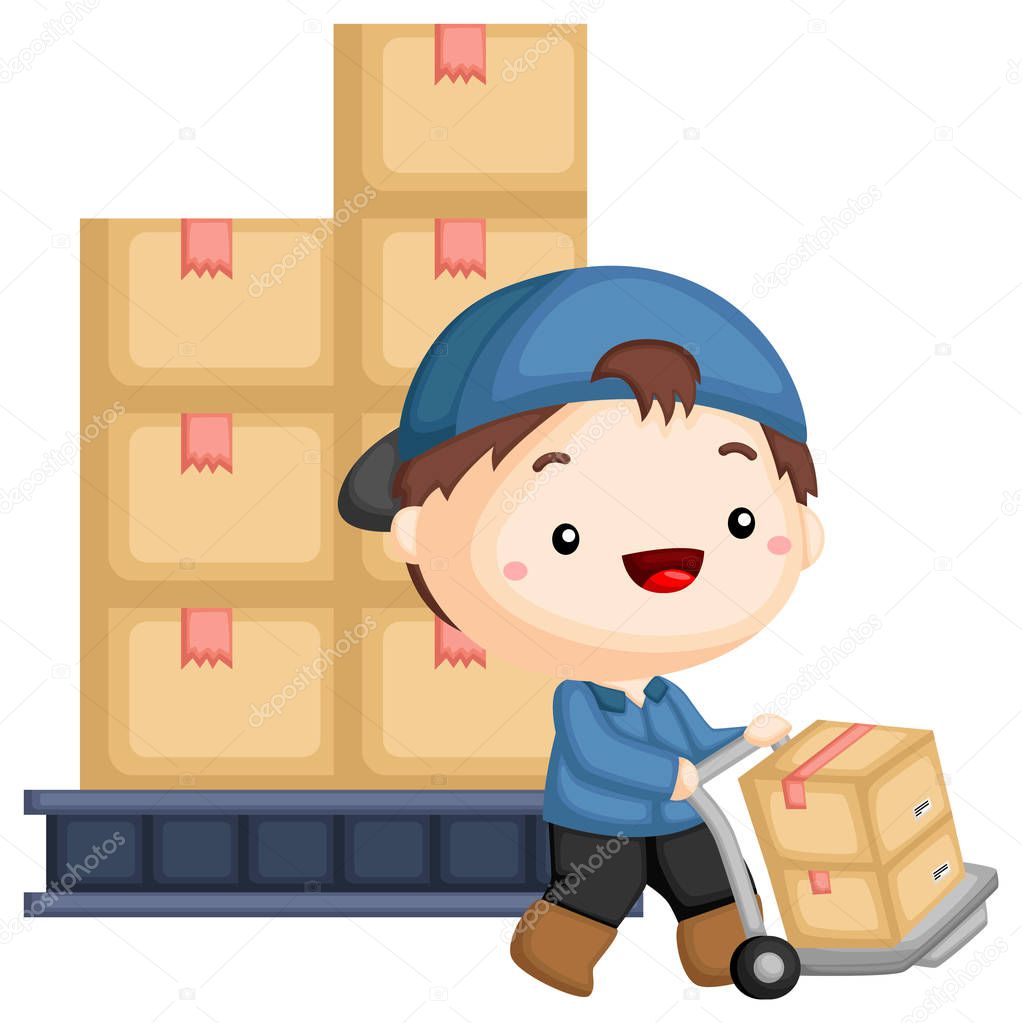 a vector of a working managing a pile of package