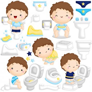Kendisi tarafından Tuvalette Potty Tren Öğrenme Sevimli Boy Bir Vektör Seti