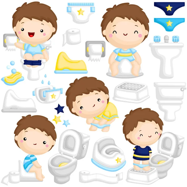 Vector Set Cute Boy Learning Potty Train Toilet Himself — стоковый вектор