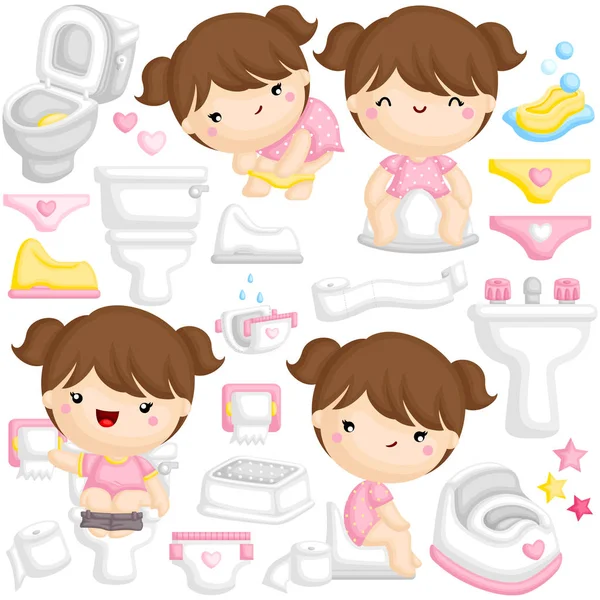 Vector Set Cute Girl Learning Potty Train Toilet Herself — стоковый вектор