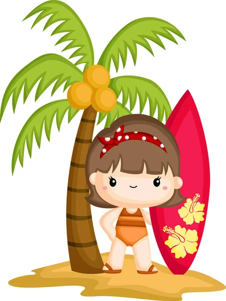 一个女孩站在椰子树下 拿着冲浪板 — 图库矢量图片