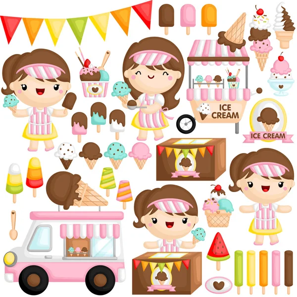 様々なアイスクリームを楽しく売っているかわいい女の子アイスクリーム売り手のベクトルセット — ストックベクタ