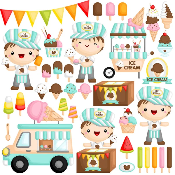様々なアイスクリームを楽しく売っているかわいい男の子アイスクリーム売り手のベクトルセット — ストックベクタ