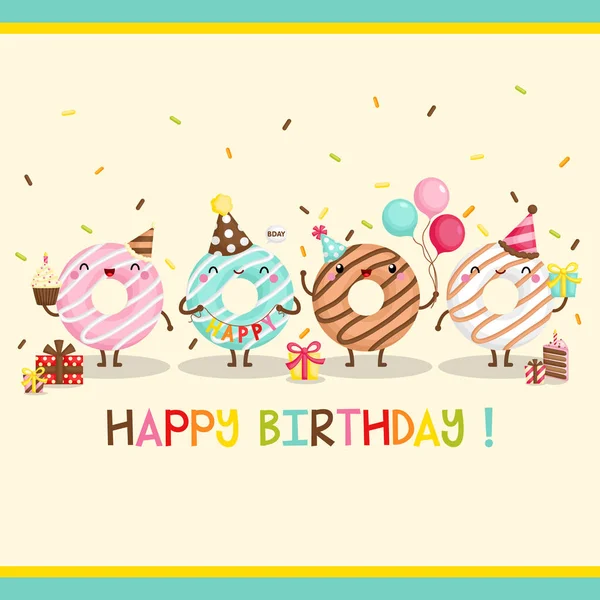 Cute Card Vector Cheerful Donut Celebrating Birthday Many Gifts Balloons — Stock Vector