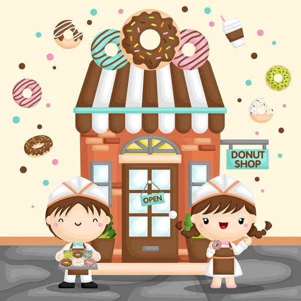 Vector Cute Little Girl Boy Selling Donut Front Donut Store — Stock Vector