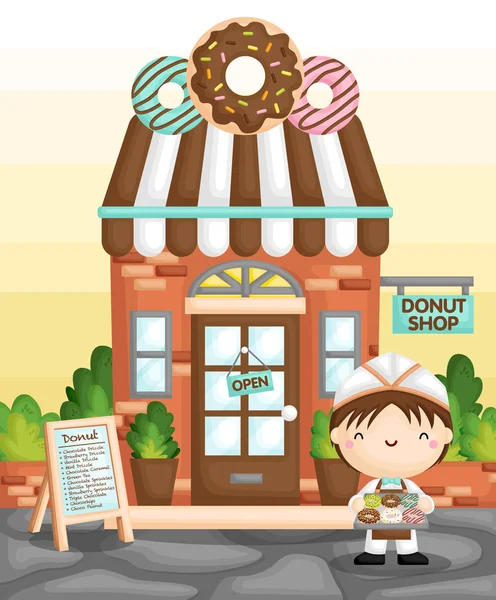 Vector Lindo Niño Vendiendo Donut Frente Una Tienda Donuts Clásica — Vector de stock