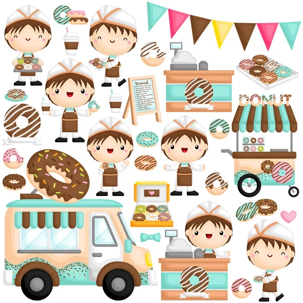 Vector Cute Little Boy Selling Serving Donut Various Poses Other — Stock Vector