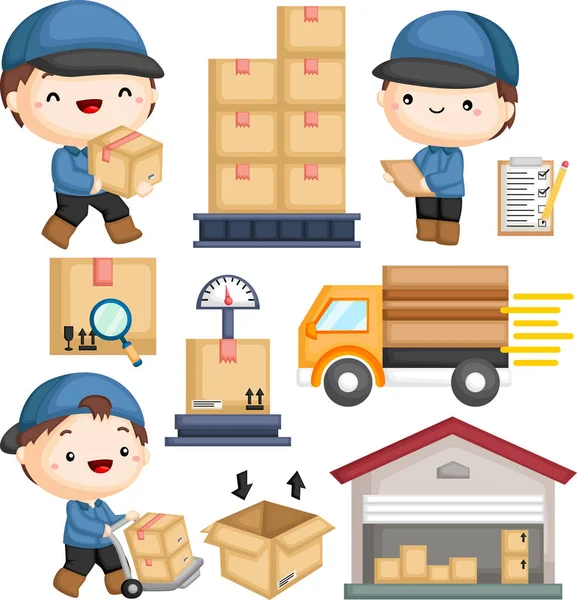 Vector Postman Delivery Many Package — Stock Vector