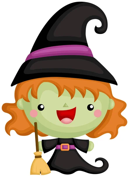 Vector Set Cute Little Halloween Witch Holding Broom — Stock Vector