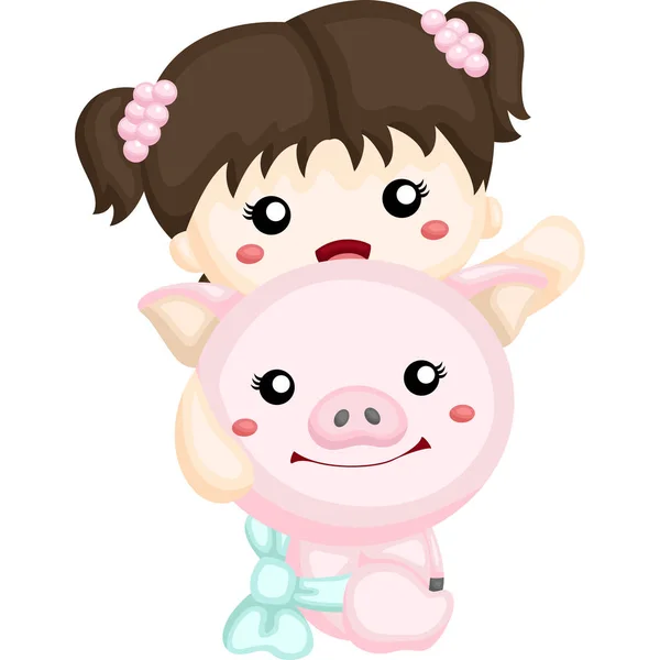 Baby Girl Holding Cute Pig — Stock Vector