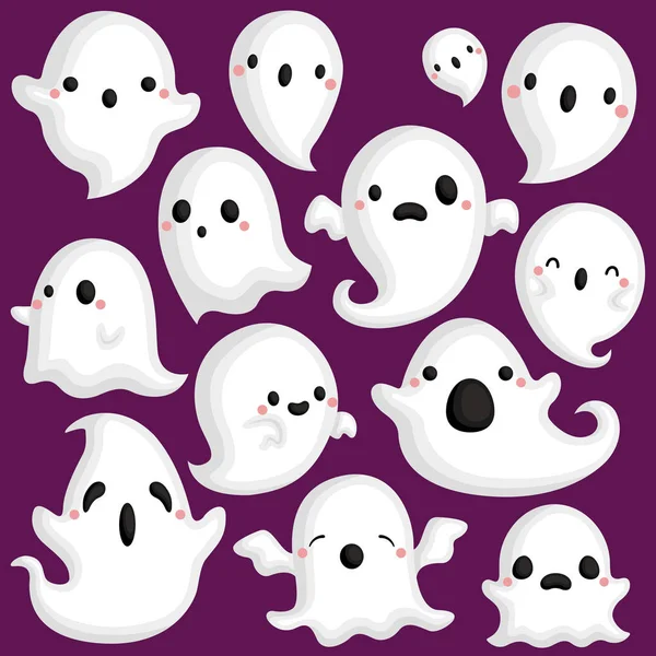 異なるポーズでかわいい様々な幽霊のベクトルセット — ストックベクタ