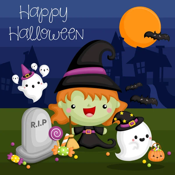 Gece Sevimli Cadı Hayalet Ile Halloween Kart Bir Vektör — Stok Vektör