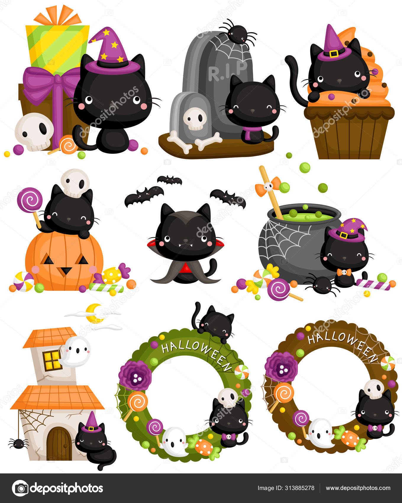 带万圣节物品和装饰品的万圣节黑猫病媒集图库矢量图©comodo777 313885278, image size:1359x1700