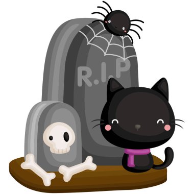 Sevimli bir Kara Kedi Vektörü Eski bir mezar taşının yanında duruyor