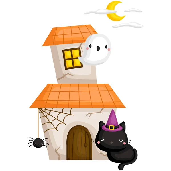 Vector Lindo Gato Negro Frente Una Casa Fantasma Bajo Luz — Vector de stock