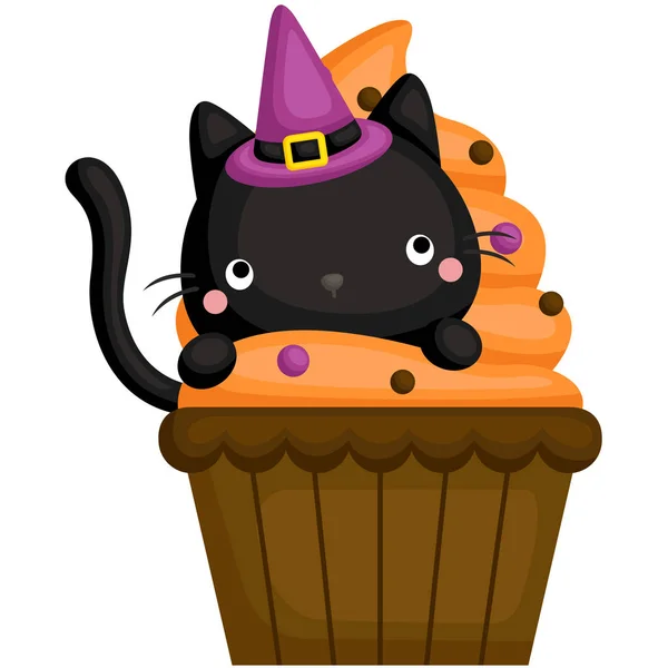 Ein Vektor Netter Schwarzer Katze Die Sich Einem Halloween Cupcake — Stockvektor
