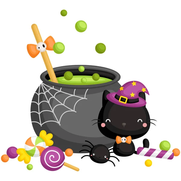 Vector Cute Black Cat Potion Bowl Surrounding Candies — Stock Vector