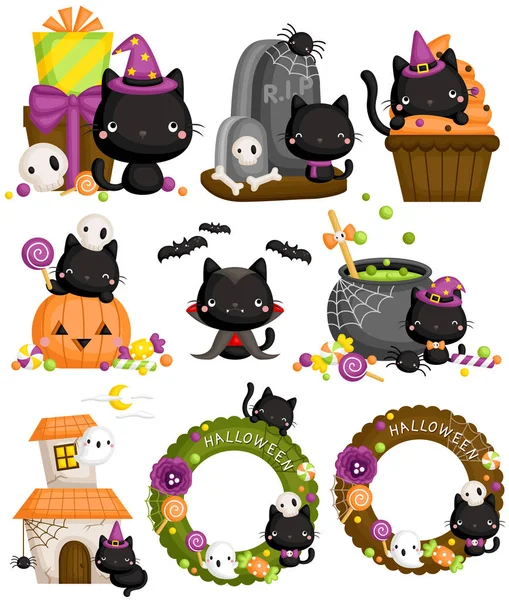 Set Vektor Halloween Kucing Hitam Dengan Item Halloween Dan Dekorasi - Stok Vektor