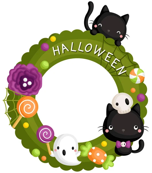 Vetor Grinalda Halloween Decorado Com Gato Preto Bonito Vários Doces — Vetor de Stock