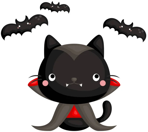 バットで囲まれた吸血鬼ハロウィンの衣装に身を包んだかわいい黒猫のベクトル — ストックベクタ