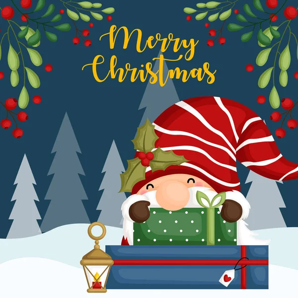 Vector Cute Gnome Hiding Christmas Giftboxes Snow — 图库矢量图片