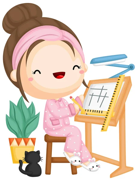 Egy Vektor Egy Lány Dolgozik Egy Design Pizsamával — Stock Vector