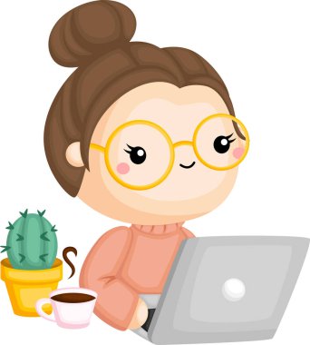 Bilgisayarından çalışan bir kızın vektörü.