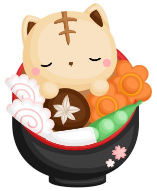 Japon Ramen Kasesinin İçinde Sevimli ve Uykulu Kedi Vektörü 