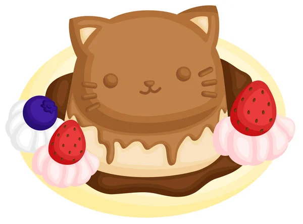 チョコレートソースとフルーツとかわいい猫キャラメルプリンのベクトル — ストックベクタ