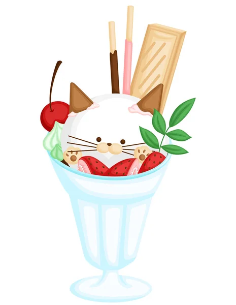 Vector Helado Gato Lindo Con Varias Frutas Galletas Topping — Vector de stock