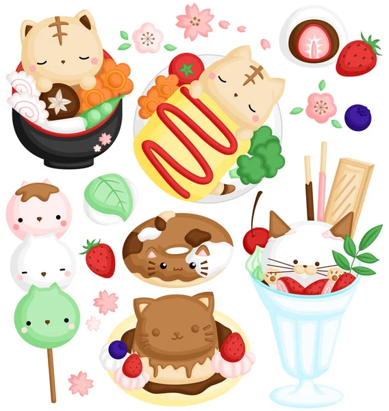 Vector Cute Cat Japanese Traditional Dessert Food — Stock Vector