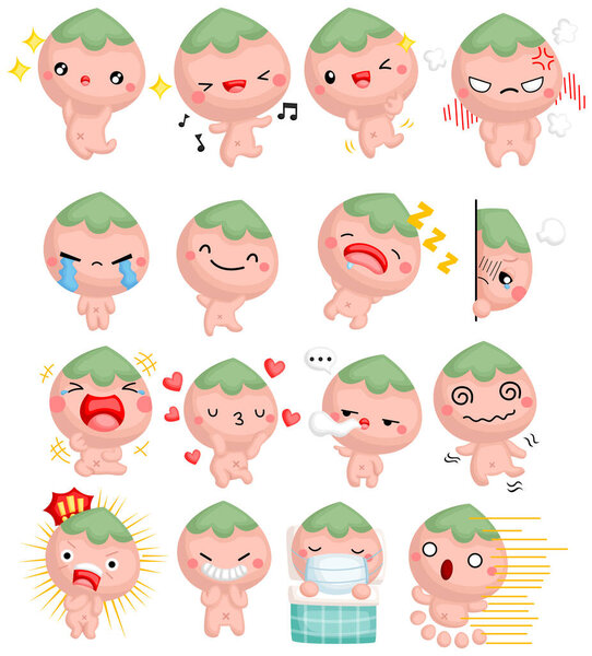 a cute cartoon peach boy with many emotion