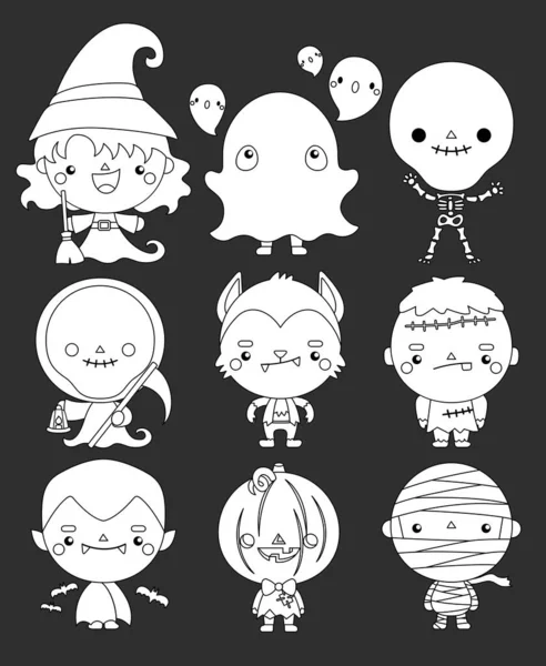 Vector Set Cute Halloween Characters Black White Colours — Stock Vector