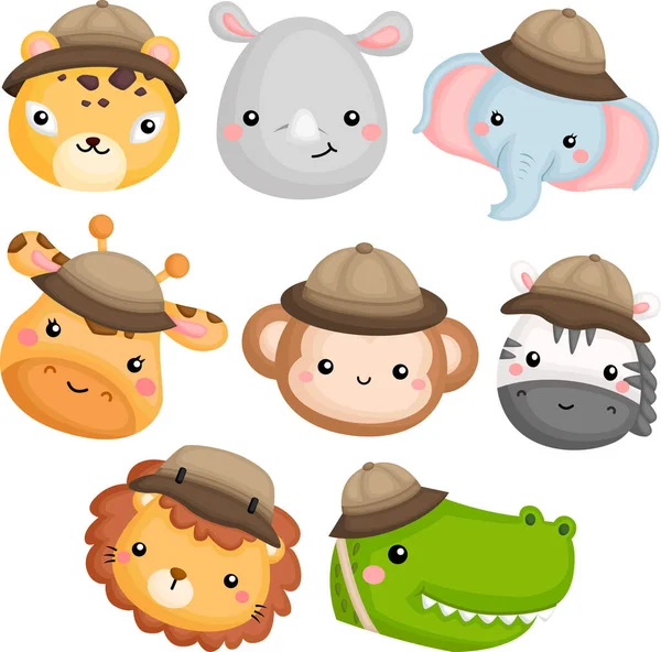 Animales Lindos Iconos Con Traje Safari — Vector de stock