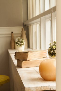 Kitaplar, çiçekler ve vazolarla dolu odada rahat bir ışık var. Pencerenin önündeki kitap seti..