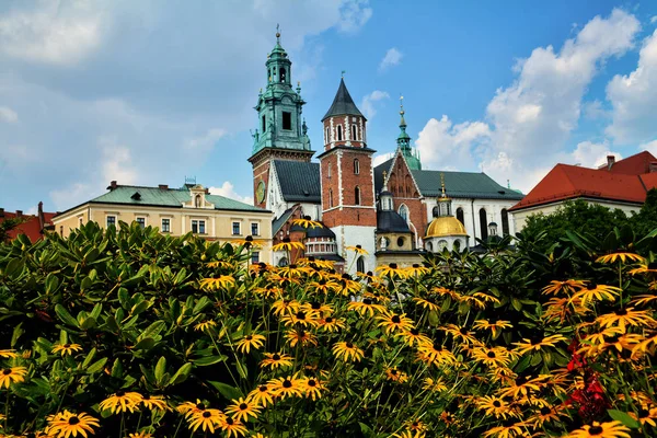 美丽的观光与瓦维尔皇家城堡和五颜六色的花朵在克拉科夫 — 图库照片