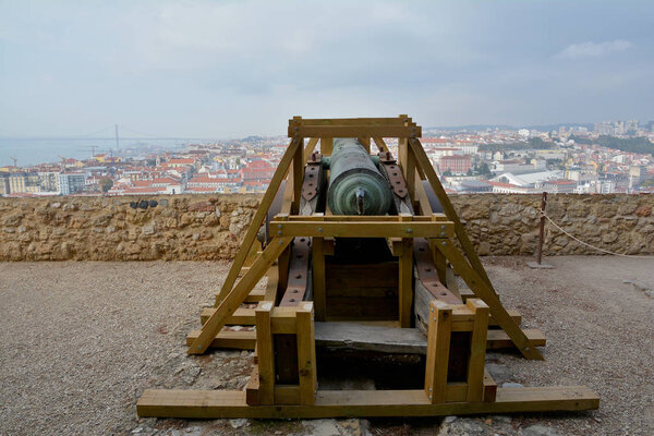 Sao Jorge (St. George) Castle in Lisbon, Portugal, Gun close up.
