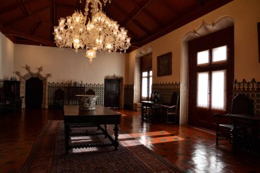 Sintra, Portekiz - 31 Ekim 2017. Sintra Ulusal Sarayı içinde, Lisboa District, Portekiz. Eski mutfak. 